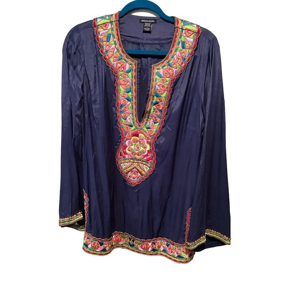 Boston Proper Blouse Top Women Size L Blue Embroidered Long Sleeve Plunge V-Neck
